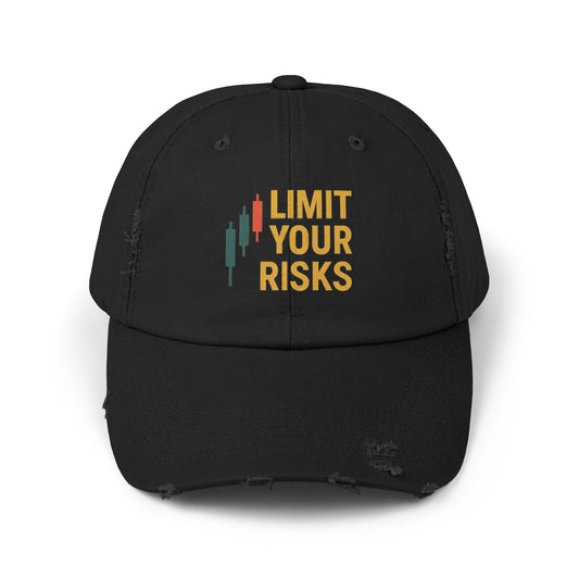 Limit Your Risks Distressed Baseball Cap – Motivational Trader Hat, Vintage Cotton Dad Hat, Forex & Stock Market Gift
