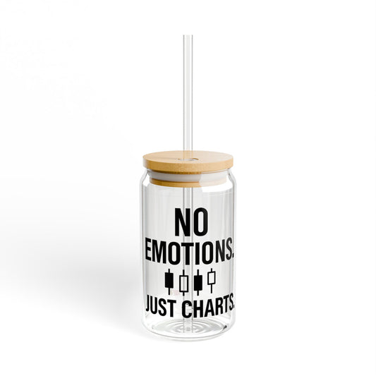 No Emotions Just Charts Sipper Glass – 16oz Trendy Drinkware for Traders, BPA-Free Glass with Straw & Bamboo Lid, Motivational Gift for Office or Home